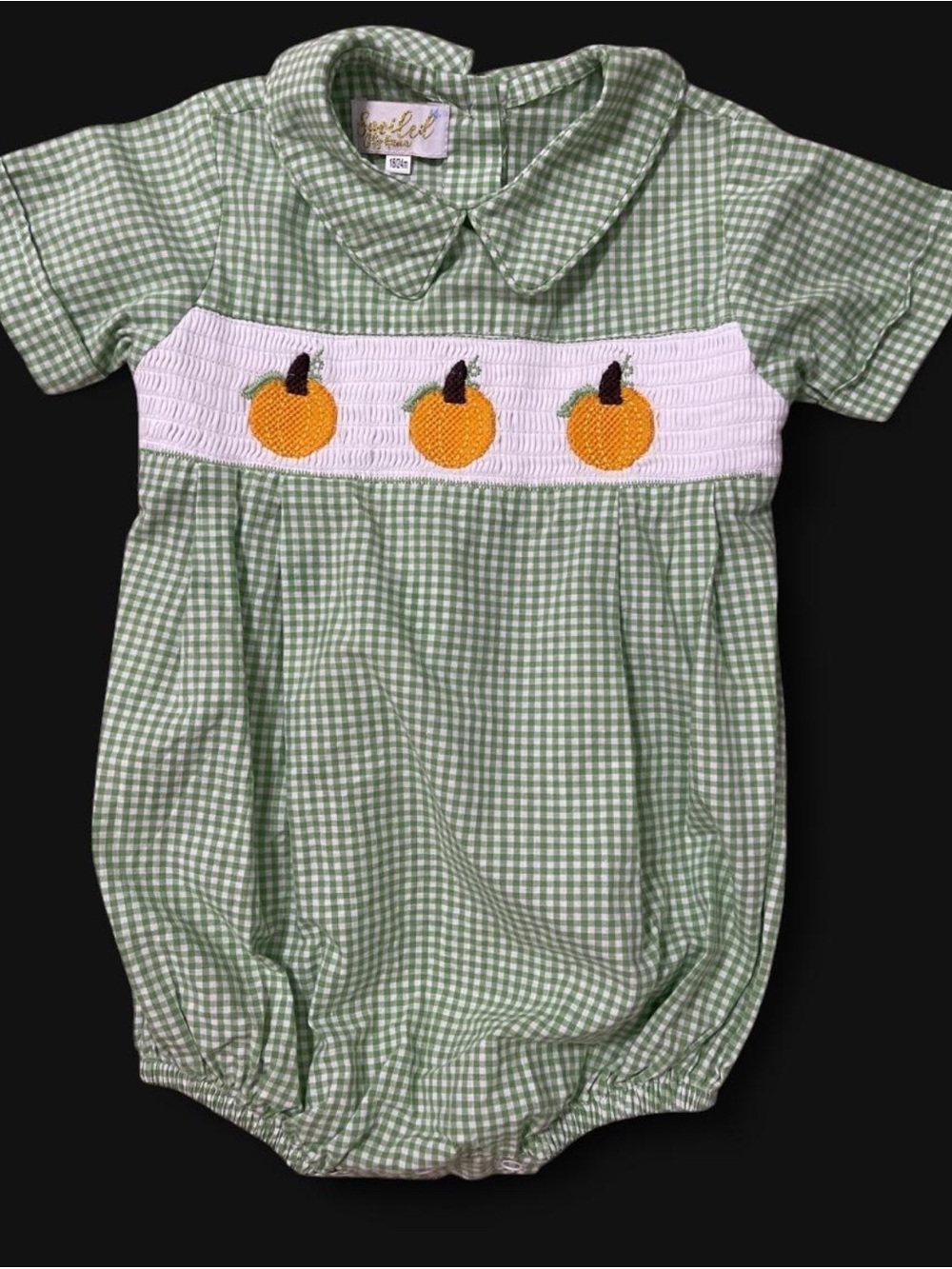 Green Gingham Baby Romper with pumpkin Appliqué